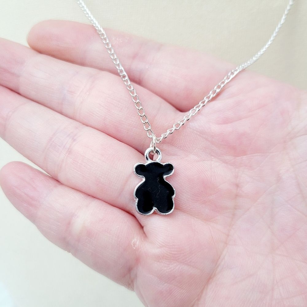 2/$20 Brand New Silver Tone Black Teddy Bear Necklace